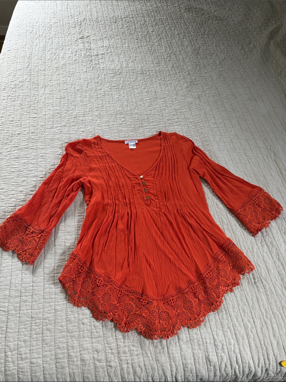 VENUS Orange Crochet-Hem V-Neck Tunic Top